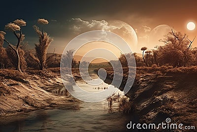 The river with the moon. Bizarre landscape conceptual visual art natural fantasy art. Stock Photo