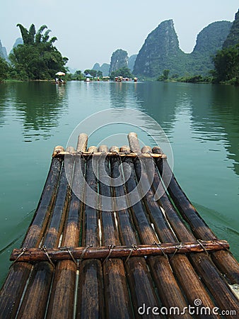 River, Mountain and Bamboo raft Stock Photo
