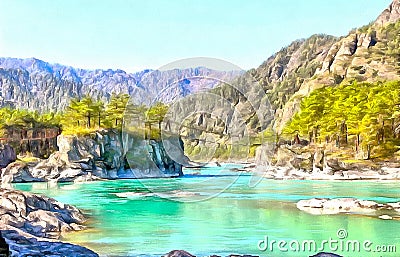 River mountain Canyon Nature. Bridge over the canyon on the background of mountains Stock Photo