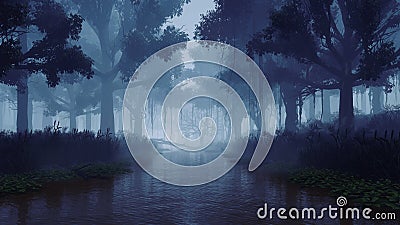 River in mysterious forest at dark misty night 3D Cartoon Illustration