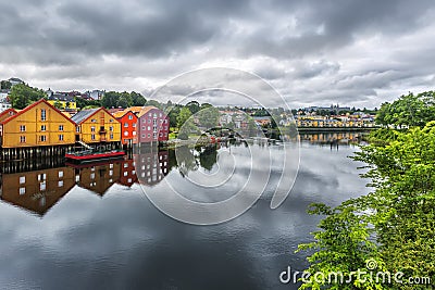 River Nidelva and old buildings in Trondheim, Norway. Stock Photo