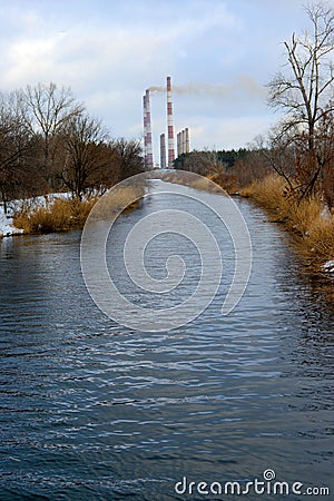 River. Pipes thermal power plant Stock Photo
