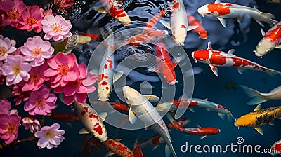 River pond decorative orange underwater fishes nishikigoi. Aquarium koi Asian Japanese wildlife colorful landscape Stock Photo