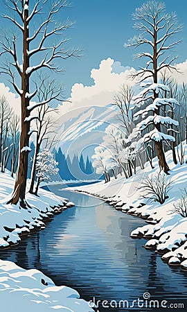 River Portrait: Snow-Clad Trees, Azure Skies, and an Artist's Brush Stock Photo