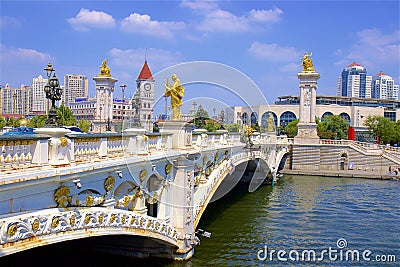 River promenade and bridges in Tianjin city, China Editorial Stock Photo