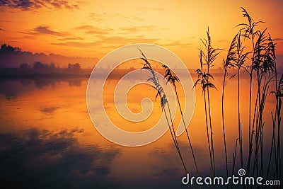 River Reeds Sunset Scenery Stock Photo