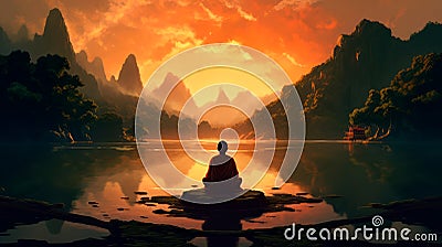 River Reflections: Serene Monk Meditating at Sunrise Stock Photo