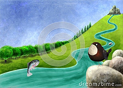 River with salmon and dipper Cartoon Illustration