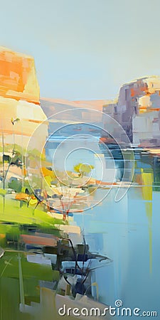 River Scene Painting In The Style Of Josef Kote Stock Photo