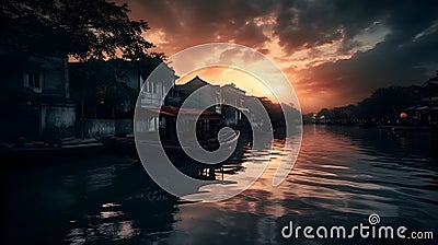 river side residential architecture illuminated by sunset, cloudy sky, reflect in water, creating a serene scene, oriental Stock Photo