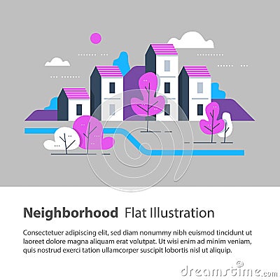 River side settlement, cozy town, row of houses by the river with trees, residential building, green neighborhood Vector Illustration