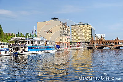 River Spree, hotel Floating Lounge, building of the music producer Universal Music, former Eierkuehlhaus in Berlin Editorial Stock Photo