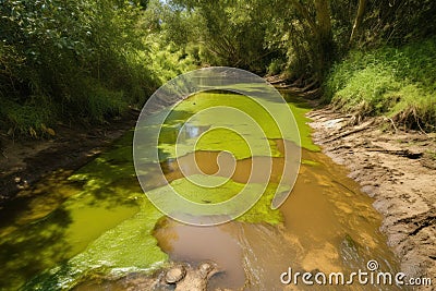 River or stream with stagnant water, as the lack of rainfall and reduced water flow algae growth problem Stock Photo