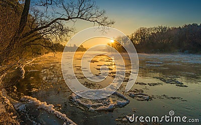 River sunrise winter landscape. Scenic nature Stock Photo