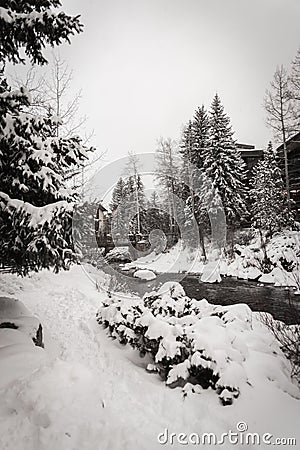 A river surrounded by snow in Vail, Colorado during winter. Stock Photo