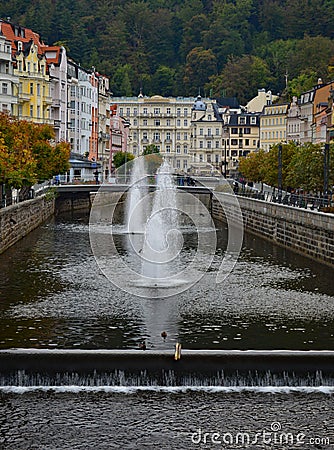 River Tepla and typical colourful terrace buildings in Karlovy Vary Czech Republic Editorial Stock Photo