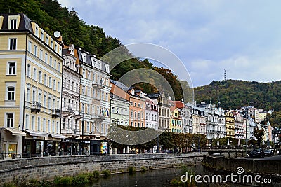 River Tepla and typical colourful terrace buildings in Karlovy Vary Czech Republic Editorial Stock Photo
