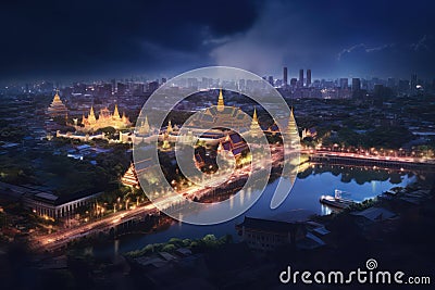 The river and Thai Temple night view with Ai Generated Stock Photo