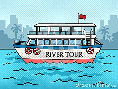 river tour boat pop art raster illustration Cartoon Illustration