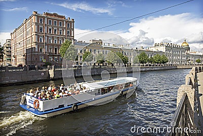 River tram carries a group of tourists on the rivers and canals of St. Petersburg. Editorial Stock Photo