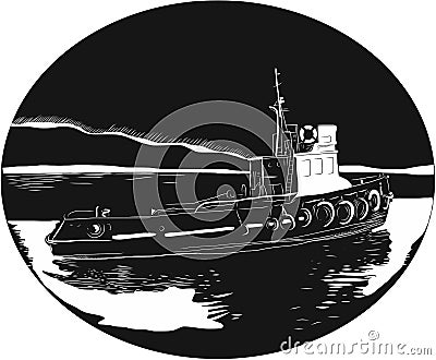 River Tugboat Oval Woodcut Stock Photo