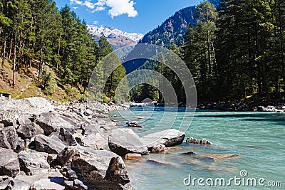 River valley in the mountains covered with forest Stock Photo