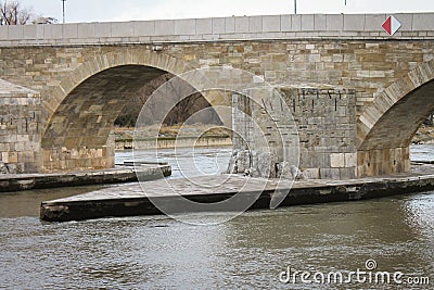 River View of Old Stone Bridge Regensburg Stock Photo