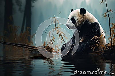 Riverbank tranquility, pandas illustrated beside a misty forest pond Stock Photo