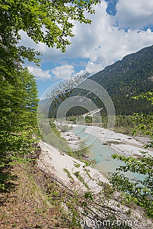 Riverbed of Isar river between Jachenau and Wallgau, bavarian riparian zone Stock Photo