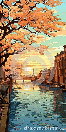 Riverboat In A City With Blossoming Cherry Trees In Pixel Art Style Stock Photo