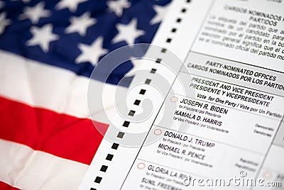 Riverside, California, USA - 10/2020: Blank Official Ballot On American Flag in the 2020 Presidential Election Editorial Stock Photo