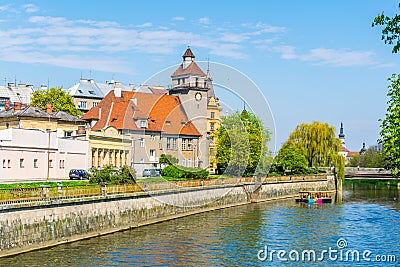 Riverside of the morava river with an evangelical church in the czech city Olomouc....IMAGE Editorial Stock Photo