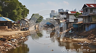 Riverside Neglect. The Harsh Reality of Waste in Impoverished Areas. Generative AI Stock Photo