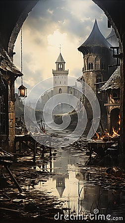 Riverside Rumbles: A Medieval Village's Battle Against Filth and Stock Photo