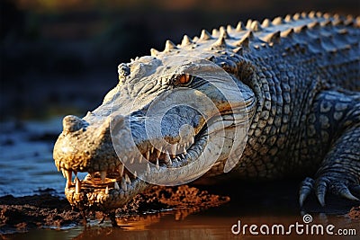 Riverside sentinel Nile crocodile, Crocodylus niloticus, commands attention on riverbank Stock Photo