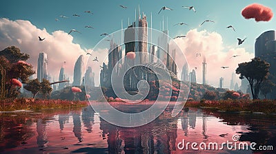 Island Dreamscape: Futuristic Skyscraper and Flamingos in Cinematic 9Kw Detail Stock Photo