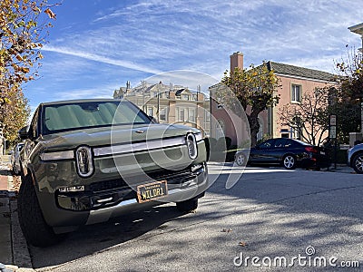 Rivian R1T all-electric, battery-powered, light duty pickup truck parked on the resedential street. Front view - San Francisco, Editorial Stock Photo