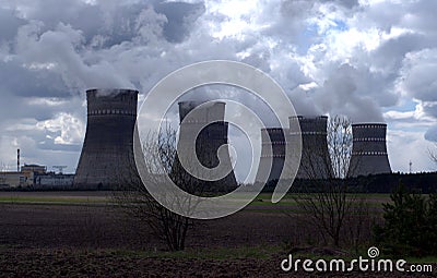 Rivne nuclear power plant and its 6 cooling towers Stock Photo