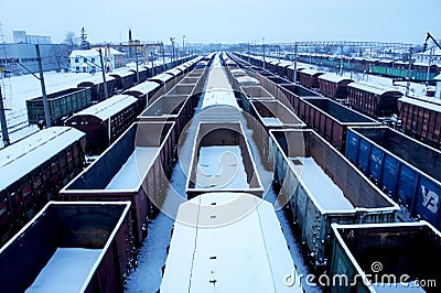 RIVNE UKRAINE - JANUARY 17 2021. railway station. railway freight trains and wagons. rail cargos Editorial Stock Photo