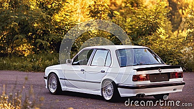 Rivne, Ukraine - July 07, 2018: Original BMW M3 e30 outdors, sport wheels, tunning, glossy and shiny old classic retro oldtimer. Editorial Stock Photo