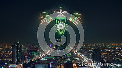 Riyadh Celebration Fireworks - Saudi Arabia Riyadh landscape at night - Kingdom Tower â€“ Riyadh Skyline - Burj Al-Mamlaka â€“ Stock Photo