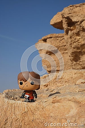 Riyadh / Saudi Arabia - February 15, 2019: Pop Funko toy model of slashed faced Tyrion Lannister with ax in full battle gear. Editorial Stock Photo