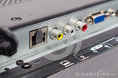 The RJ45 input connectors of smart TV, The high definition television input panel Stock Photo