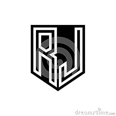 RJ Logo monogram shield geometric white line inside black shield color design Vector Illustration
