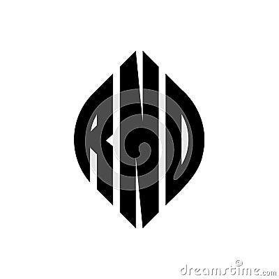 RND circle letter logo design with circle and ellipse shape. RND ellipse letters with typographic style. The three initials form a Vector Illustration