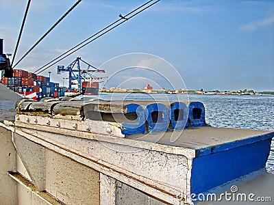 Ro-Ro is a specialized vessel for transporting vehicles, containers and other cargoes in the port and on the high seas. Stock Photo