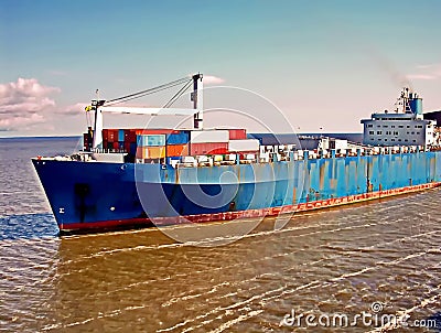 Ro-Ro is a specialized vessel for transporting vehicles, containers and other cargoes in the port and on the high seas. Stock Photo