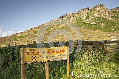 Extreme Fire Risk Warning Banner in Peak District National Park UK Editorial Stock Photo
