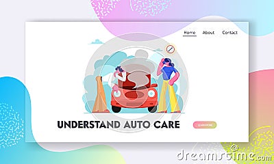 Road Accident with Broken Car Website Landing Page, Man Looking under Transport Hood with Smoke Going out, Girl Call to Repair Vector Illustration