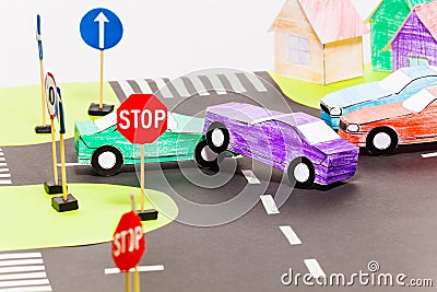 Road accident on a crossings at the toy city Stock Photo
